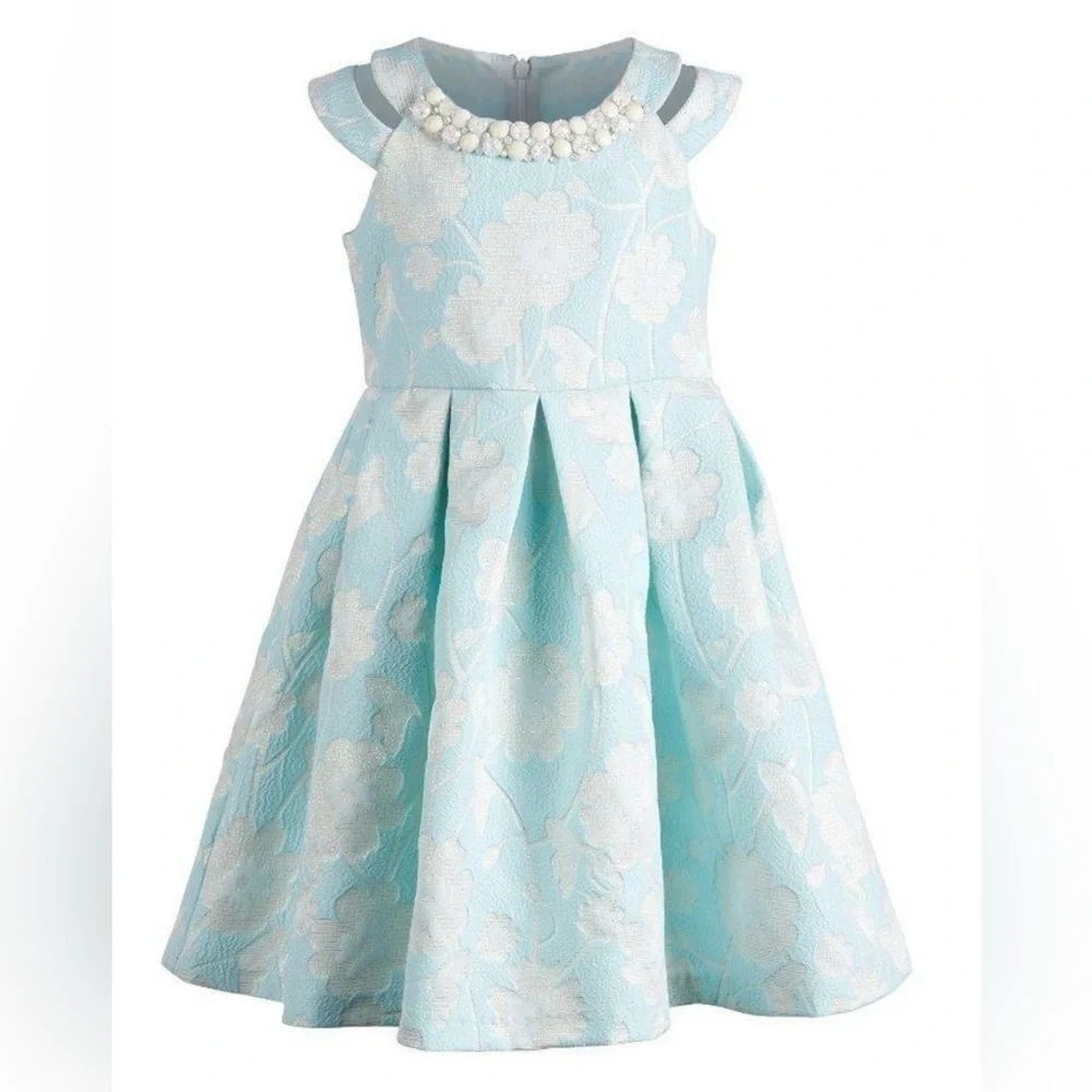 Bonnie Jean Toddler Girls Aqua Floral Jacquard Dress with Pearl Accents